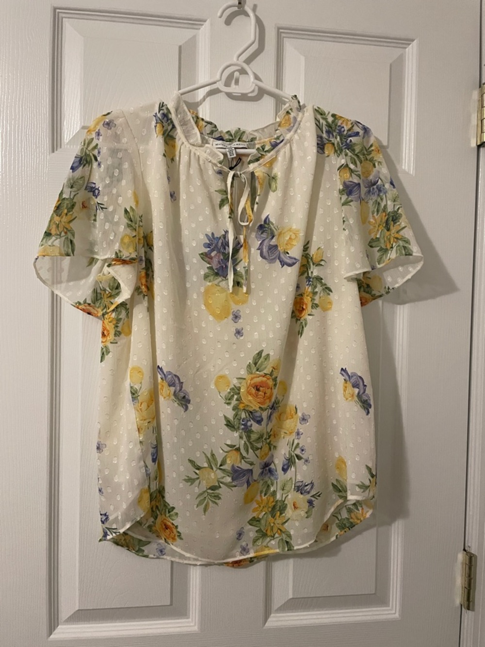Floral Tie-Neck Flutter Sleeve Blouse - Cream with Yellow & Lavender